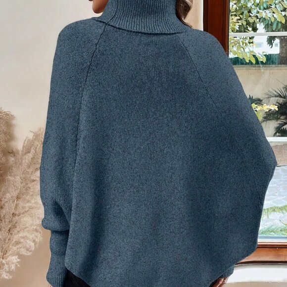 Blue Casual Women's Turtleneck Batwing Sleeve Button Detail Poncho Sweater top - Picture 2 of 7